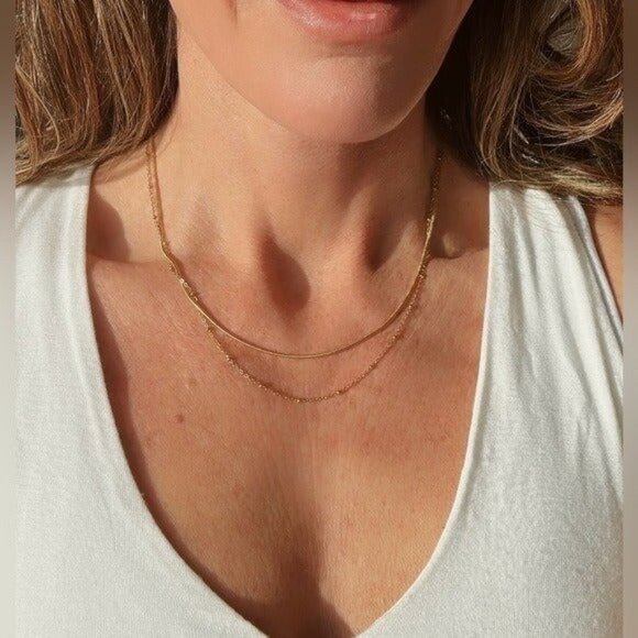 DAINTY DOUBLE layered Necklace Gold Snake chain Waterproof Gold Beaded chain - Picture 1 of 13